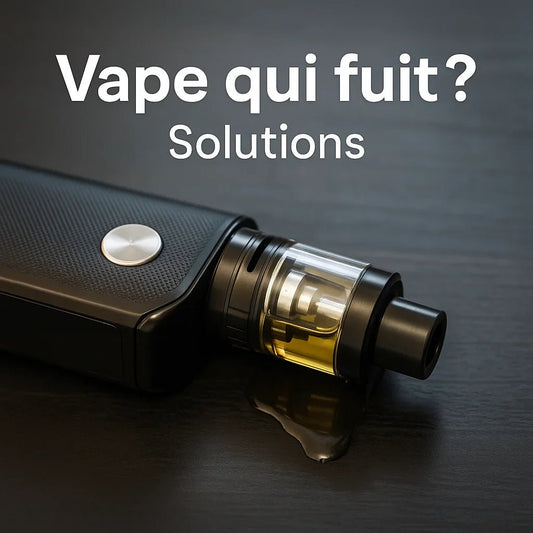 Photo réaliste d’une cigarette électronique qui fuit, avec e-liquide coulant du réservoir, accompagnée du texte “Vape qui fuit ? Solutions hexovape