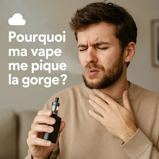 Style réaliste, une personne légèrement gênée en vapotant, avec un petit nuage et le texte “Pourquoi ma vape me pique la gorge ?”, ambiance claire et pédagogique.