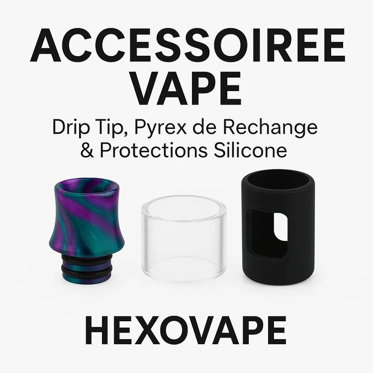 Accessoires vape Hexovape – drip tip coloré, pyrex de rechange transparent et protection silicone noire sur fond blanc, format carré.