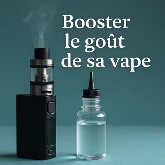 Photographie réaliste d’une cigarette électronique noire et d’un flacon d’e-liquide sur fond bleu menthe, avec la mention “Booster le goût de sa vape”.