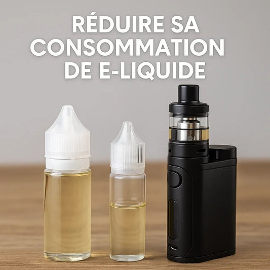 Photo réaliste d’une cigarette électronique noire posée à côté de deux flacons d’e-liquide, avec le texte “Réduire sa consommation de e-liquide” en surimpression.