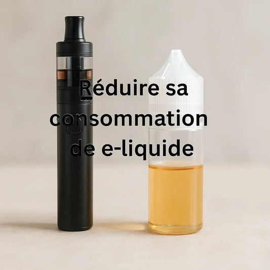 Photographie réaliste d’une cigarette électronique noire et d’un flacon d’e-liquide à moitié plein sur fond clair, avec le texte “Réduire sa consommation de e-liquide