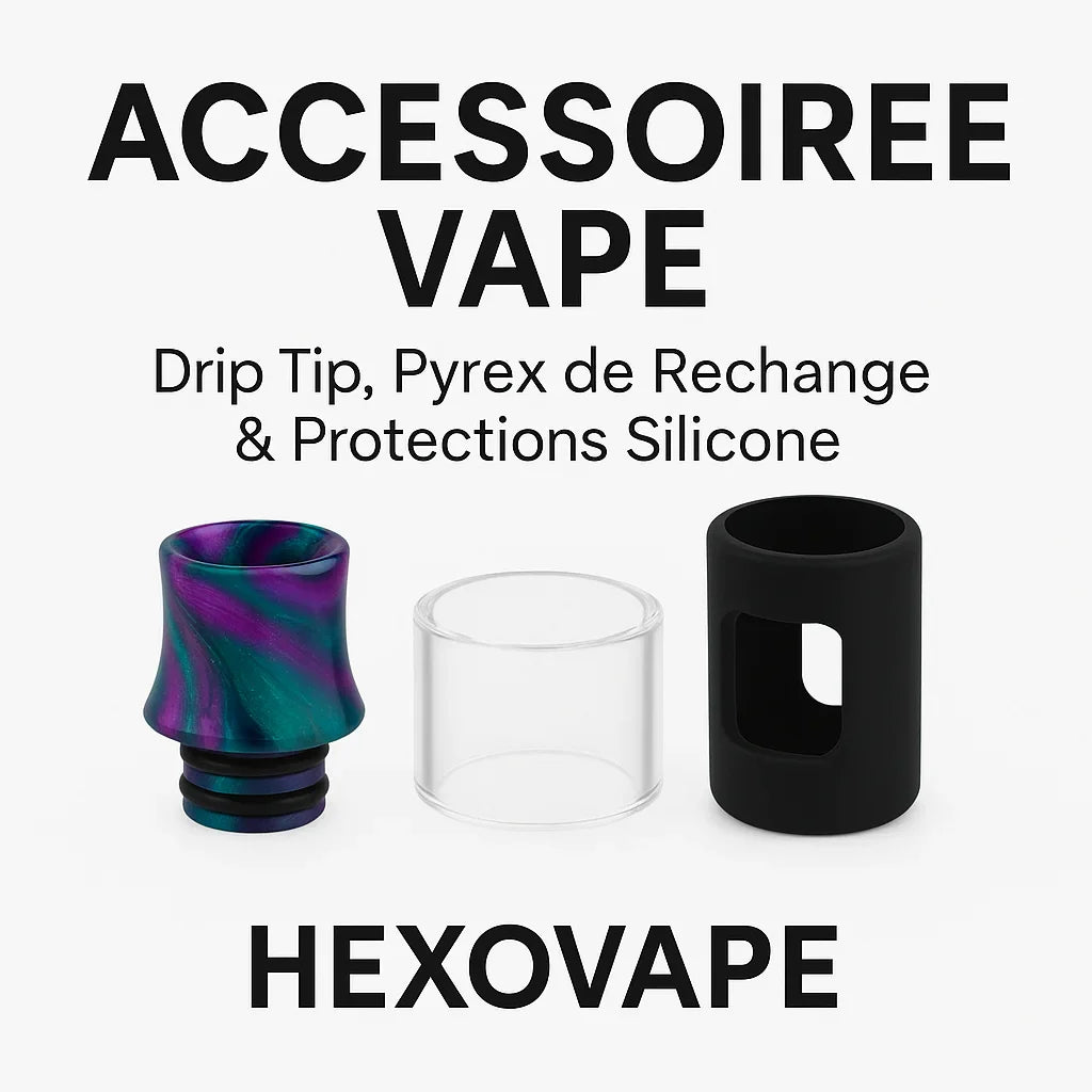 Accessoires vape Hexovape – drip tip coloré, pyrex de rechange transparent et protection silicone noire sur fond blanc, format carré.